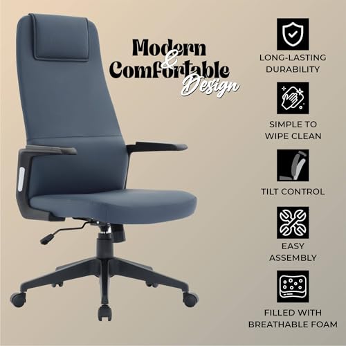 Image of LeisureMod Ergonomic High-Back Leather Office Chair - Blue Swivel Desk Chair with Adjustable Height, Tilt, Padded Headrest & Double Wheel Casters, Comfortable for Home or Office