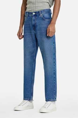 Image of SNITCH Men Casual Jeans | Relaxed Fit Straight Leg Washed Pattern & Drawstring Closure | 100% Cotton Denim Fabric for All Day Comfort & Everyday Wear