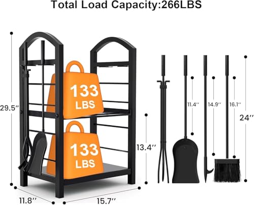 Amagabeli Kaminholzregal Brennholzregal mit 4 Kaminwerkzeug 69cmx42cmx38cm Kaminholzständer für Innen und Außen Kaminholzhalter Holzregal für Kamin Kaminofen Besteck Schmiedeeisen Schwarz-4