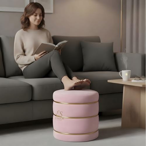 Image of Luxury Velvet Ottoman Stool | Modern Round Footrest with Gold Accent | Stylish Living Room & Bedroom Ottoman Baby Pink