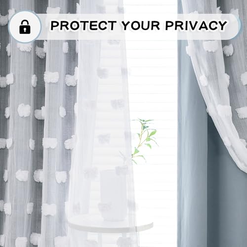 Image of MYSKY HOME Dusty Blue Curtains for Bedroom & Kids Room - 54 Inch Long, Double Layer, White Pom Pom, Sheer, Grommet, Darkening, Small Window, 2 Panels, 52 x 54 in