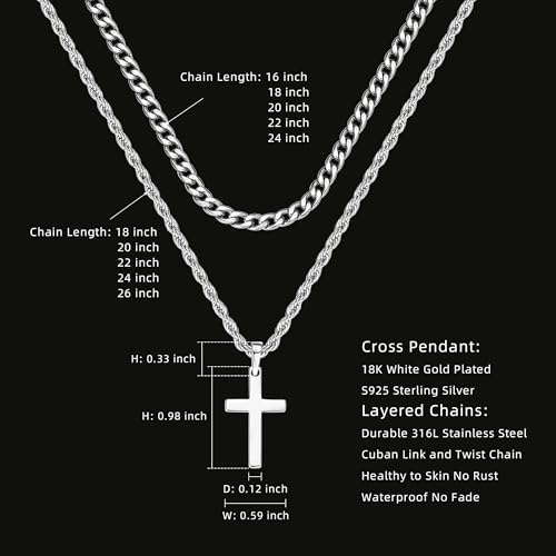 925 Sterling Silver Layered Cross Necklace for Men 18K White Gold Plated Pendant Necklace Stainless Steel Cuban Link Twist Chain Jewelry Gifts Cross Chain Necklace for Men 18-26 inches2