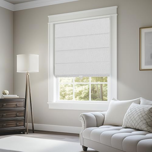 BERISSA Cordless Roman Shades,Pull Down,Linen Fabric,Misty White,34W x 48H