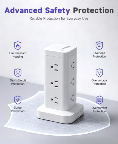 Tower Power Strip with PD 30W Fast-Charging Port, 12 Outlets, 4 USB Ports (2 USB-C), 1800J Surge Protector, Charging Station for Multiple Devices,10FT Extension Cord, White, Home Office Essentials - image 6