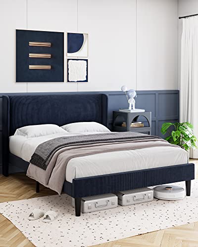 Homhougo Full Bed Frame, Upholstered Platform Bed With Wingback Headboard, Velvet Upholstered Bed Frame With 2 Storage Pockets, Strong Wooden Slat Support, Easy Assembly, Box Spring Optional, Blue #TOP5