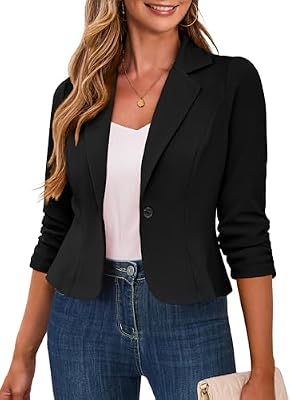 Traleubie Women's Black Cropped Blazer 3/4 Ruched Sleeve Business Casual Jacket