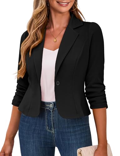 Traleubie Black Cropped Blazer Lapel Collar 3/4 Sleeve Business Work Casual Suit Jackets for Women XL