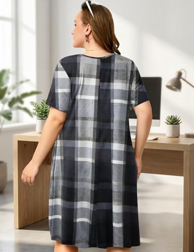 Image of OVERWORETY Womens Short Sleeve Plus Size T-Shirt Dress V Neck Casual Loose Swing A-Line Summer Tunic Dresses with Pockets