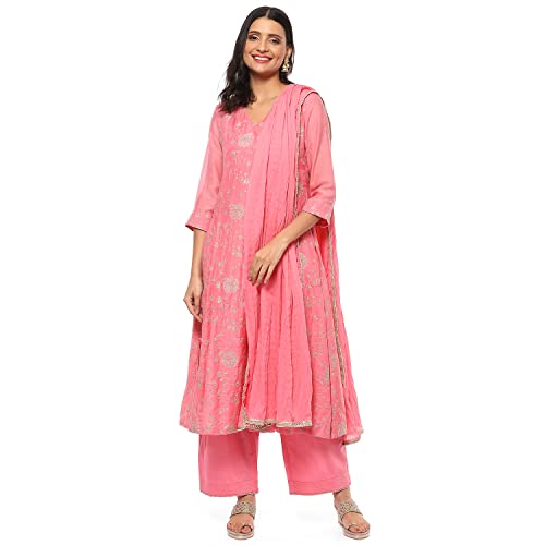 Image of BIBA Women Cotton Blend Kalidar Kurta Palazzo Suit Set