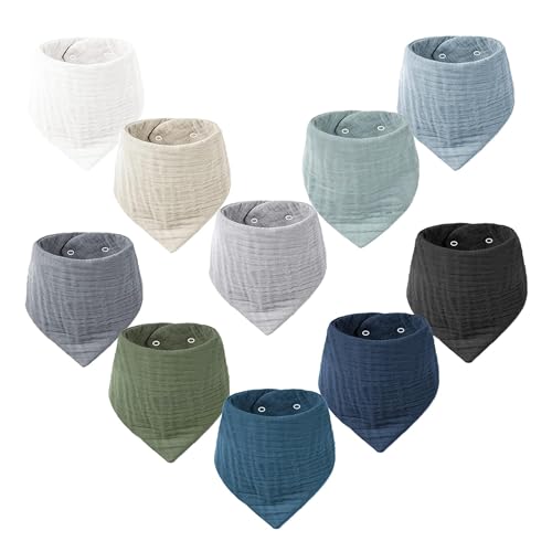 Image of Konssy Muslin Baby Bibs 10 Pack Baby Bandana Drool Bibs 100% Cotton for Unisex Boys and Girls, Soft Absorbent Set for Teething and Drooling
