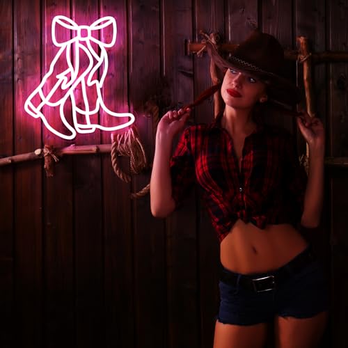 Image of Cowboy Boot Neon Sign Bow Neon Sign LED Pink Cowgirl Boots Light Signs Wall Decor Aesthetic Western Wall Art Suitable for Game Room Country Parties Bow Decor Bedroom Bar Birthday Gift(12.8 * 11.7in)
