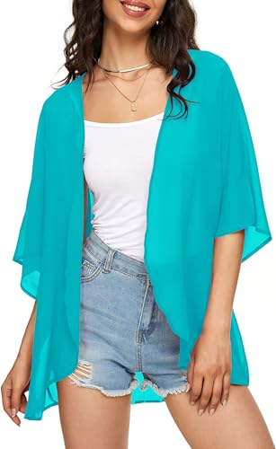 Image of Indian Trendy Women's Solid Puff Sleeve Kimono Cardigan Loose Cover Up Casual Blouse Top Chiffon