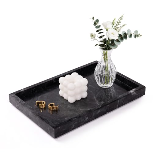 Homaura Marble Bathroom Tray for Countertop & Home Decor Natural Decorative Marble Tray for Jewelry & Perfume Organizer Luxury Stone Vanity Trays for Dresser Kitchen Counter 12 x 8 Gray Black