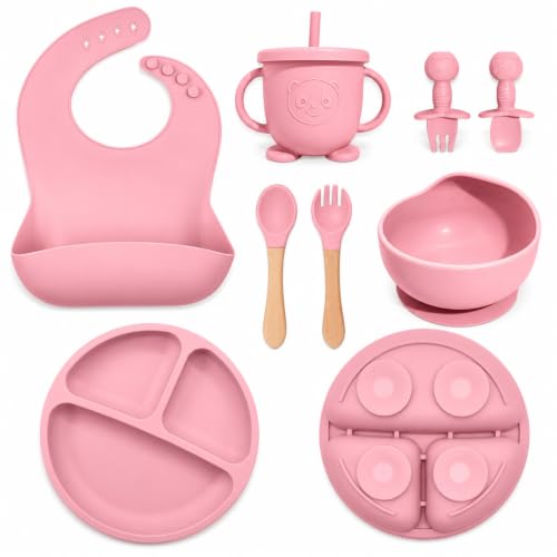 Catvegue Silicone Baby Feeding Utensils Set for 6+ Months, 8 Pcs, Pink