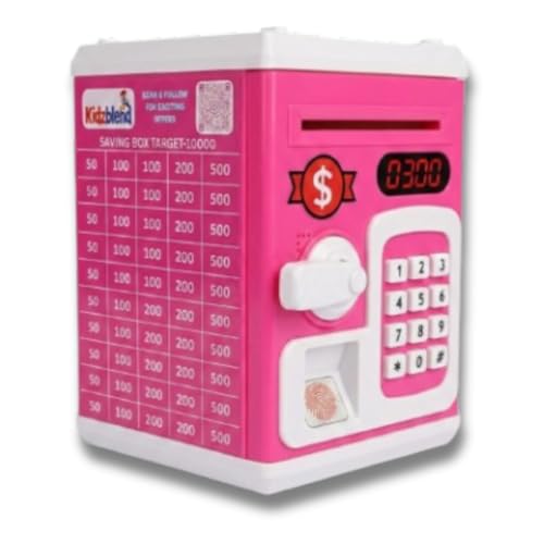 Image of ATM Piggy Bank for Kids Boys and Girls | Money Box with ₹10,000 Saving Target | Money Bank with Lock Touch Sensor | Auto Scroll Cash Gullak for Kids | Piggy Bank for Girls & Boys (Pink)