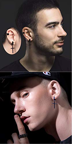 Unisex Gothic Punk Black Stainless Steel Asymmetric Cross Drop Huggie Hoop Earrings Piercing Jewelry Gift For Men Women Teens, Ear Cuff Clip With Dangle Cross Chain Cartilage Earrings (Black-Asymmetric Cross) #TOP1