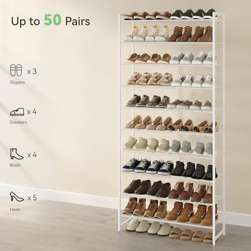 Image of Nunsino Shoe Rack for Closet, Metal Shoe Organizer, 10 Tier Garage Shoe Rack Max Holds 50 Pairs,Shoe Storage Shelf,Entryway,White