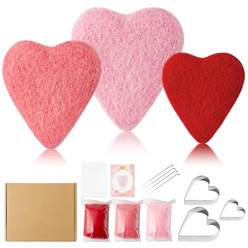 WATINC Little Hearts Mini Felting Kits - 3 Colors Red Pink Peachy Pink Heart Doll Wool Basic Needle Felting Tools Foam Pad, DIY Home Decoration Needle Felting Craft Party Supplies for Beginners