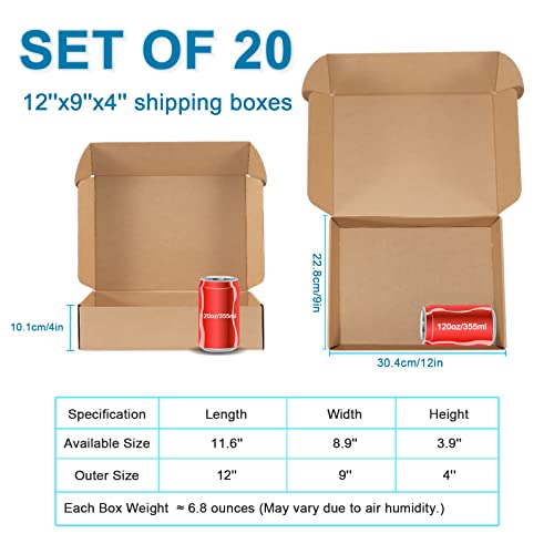 DUZCLI Small Shipping Boxes 12x9x4 Inches - Kraft Brown Corrugated Cardboard Boxes (20-Pack) for Mailing, Packing, Small Business & Gift Packaging - Recyclable & Sturdy
