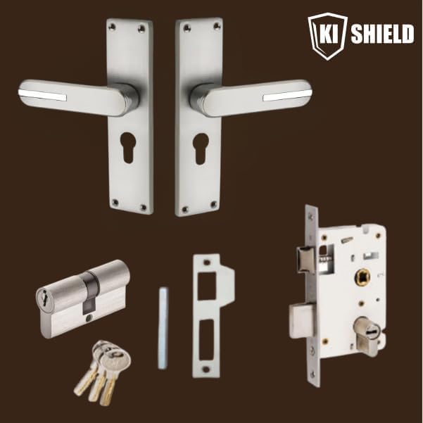 Image of Mortise Main Door Lock Handle Set |Satin Matt Finish | 8 inch Zinc lockset 1001 CY, | 6-Lever 65 mm Brass Cylindrical Lock | Suitable for Left & Right Handed Living Room Doors, Bedroom Door
