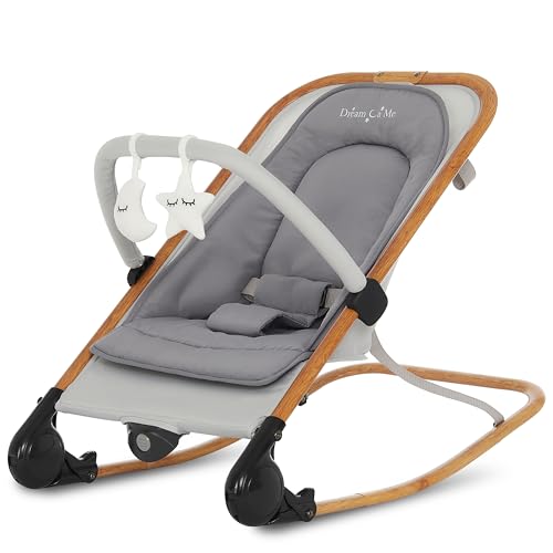 Image of Dream On Me Rock On Me 2-in-1 Baby Rocker and Stationary Seat, Adjustable Recline, Gentle Music & Vibration, 3-Point Safety Harness, Detachable Toy Bar, Folds Compact for Travel – Grey