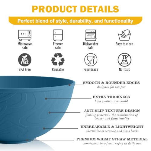 Image of Cereal Bowls 40 OZ Set of 6, Unbreakable Lightweight Bowls Set, Microwave & Dishwasher Safe, Plastic Reusable Cereal Bowls for Soup, Salad, Noodle, Snack, Fruit, Blue