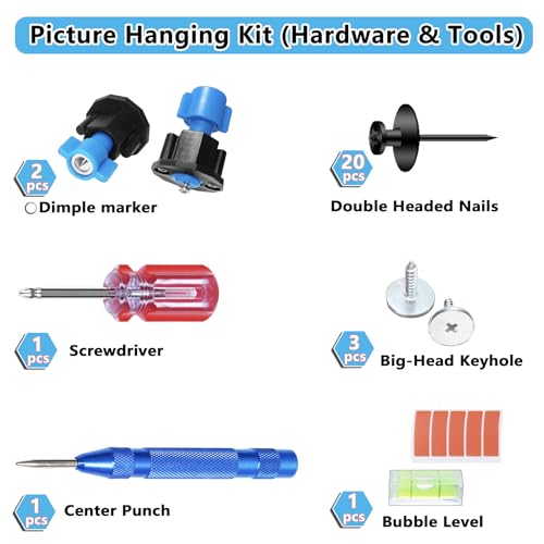 Keyhole Marker, All-in-One Picture Hanging Kit with Level, Center Punch, Screwdriver, Push-Pin Hangers, Easy-Hang No-Measure Tool for Wall Art, Photo Frames, Canvas, Sawtooth, Keyhole, Wire, D-Ring by Keyhole Marker - Image 7