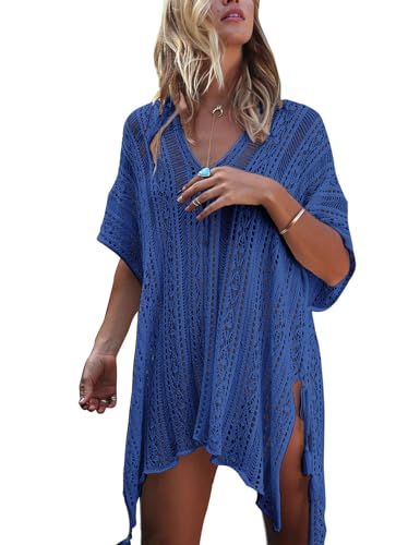 shermie Swimsuit Cover Ups for Women Short Sleeve V Neck Side Slit Loose Casual Mesh Knit Crochet Top Blue