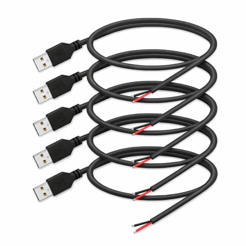 24AWG USB 2.0 Male 2 Pin Bare Wire Pigtail Cable (Black, 1.64FT 5PACK)