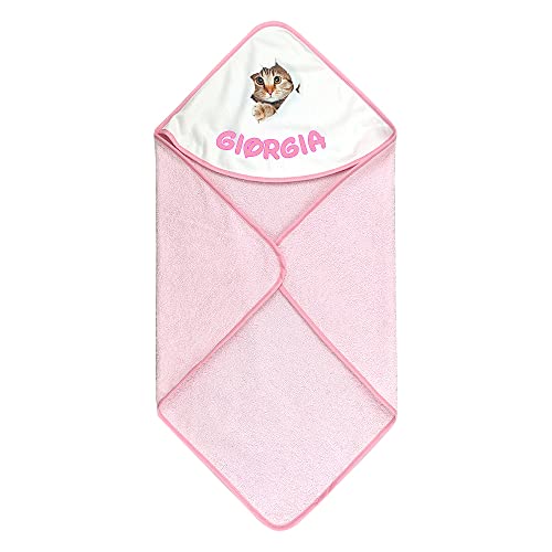 ALMATEX SRL Albornoz de bebé personalizado con nombre triángulo con capucha 70 x 70 cm personalizado, fabricado en Italia, Gato rosa, 12 Months