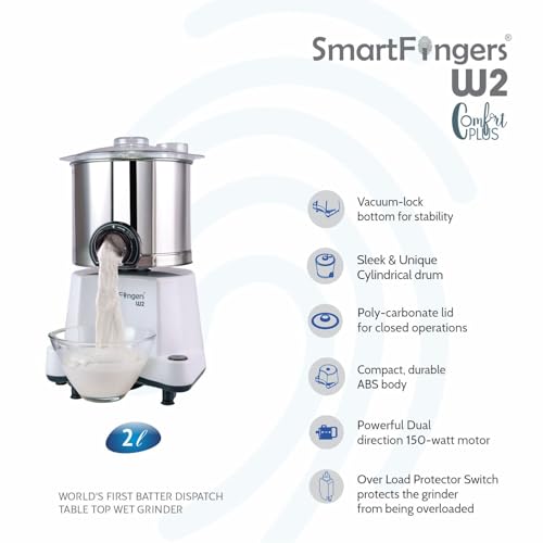Image of SmartFingers Comfort + Table Top Wet Grinder 230V, 2 Liter, White with Coconut Scrapper & Atta Kneader Attachment | Hands-Free Batter Dispenser | Top Wiper, 150W Motor | 5 Years Warranty | AISI 304
