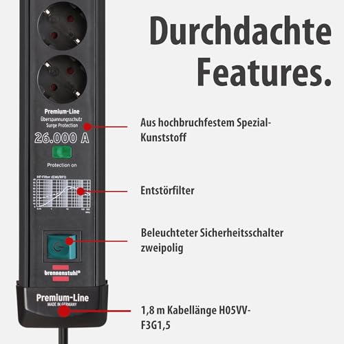 Brennenstuhl Premium-Line Steckdosenleiste 6-Fach mit Überspannungsschutz bis zu 26.000A (Mehrfachsteckdose mit 1,8m Kabel und mit Schalter, Steckdosenleiste Wandmontage, Made in Germany) schwarz
