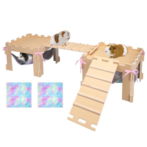 BESNEW Guinea Pig Hammock with Platform and Ramps,Wooden Small Animal Hideout with Waterproof Coating Mat Hammock,Guinea Pig Cages Accessories Toys Hiding Playing,Easy to Clean(Double)
