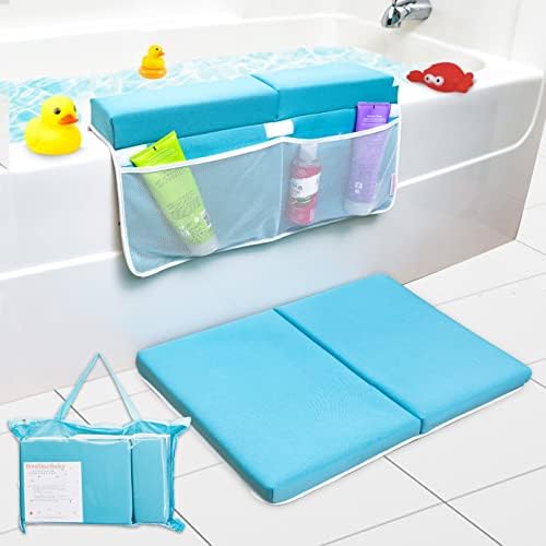 FiveStarBaby Bath Kneeler and Elbow Rest Pad - Extra Comfortable and Soft Bath Kneeling Pad for Bathing Baby with Toys Organizer - Thick Memory Foam, Quick-Dry Bathtub Kneeling Pad (Blue)