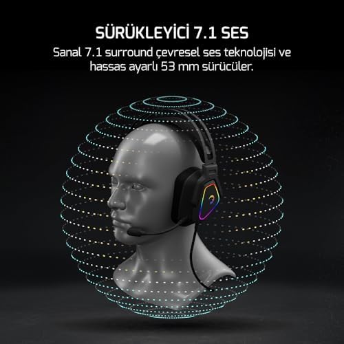 GAMEPOWER Kyruse USB Oyun Kulaklığı - 7.1 Sanal Surround Ses, 53MM Sürücülere Sahip Kablolu RGB Led Kulaklıklar, Konforlu Tasarım, 360 Mekansal Ses, Gürültü Önleyici Mikrofon, PC, PS4, PS5, Siyah - Görsel 6