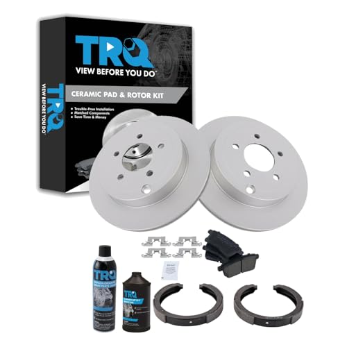 Image of TRQ Rear Brake Pad & Rotor Kit, with Chemical Kit Parking Brake Shoe Set Ceramic Premium G-Coated Compatible with 2007-2010 Ford Edge Lincoln MKX