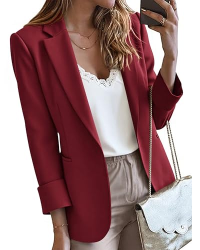 KIRUNDO Blazers for Women Business Casual Long Sleeve Open Front Lapel Suit Jackets Office Work Blazer Pockets Fall Clothes(Burgundy, Large)