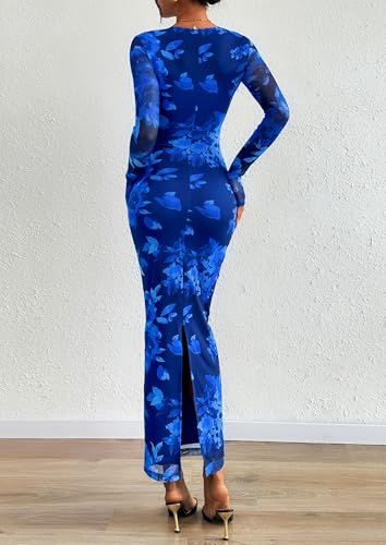 PRETTYGARDEN Fall Wedding Guest Dresses for Women 2025 Long Sleeve Ruched Sexy Bodycon Floral Mesh Cocktail Party Maxi Dress