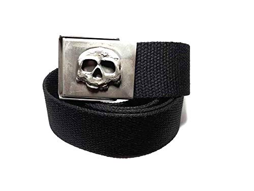 Ceinture ruban coton 4 cm militaire avec boucle crâne argent antique et son porte-clés