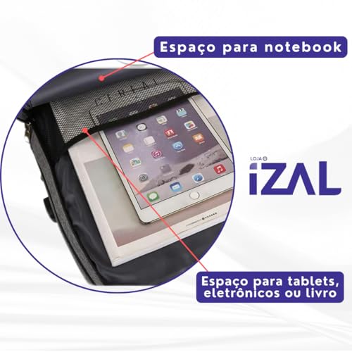Mochila Executiva Unissex Impermeável Antifurto Com Trava | Cor Cinza - Saída Fone + USB P/Notebook - Leve, Espaçosa e Confortável | Ideal P/Trabalho, Viagem e Estudo | Marca Izal® - Imagem 4