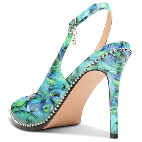 Image of NobleOnly Slingback Beaded Pumps for Women High Stiletto Heel Pointed Toe Slip-on Dress Sandals Adjustable Buckle Rhinestone Patent Leather 3.9 Inches Heels