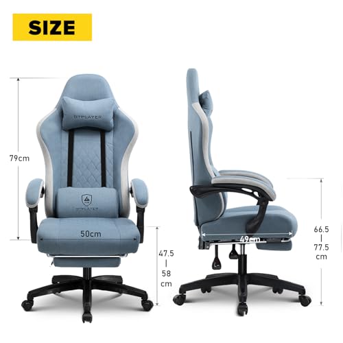 Sedia da gaming, ergonomica, da scrivania, con superficie in tessuto, cuscino a molla, braccioli di collegamento e poggiapiedi, Azzurro - Sedia gaming - Immagine 2