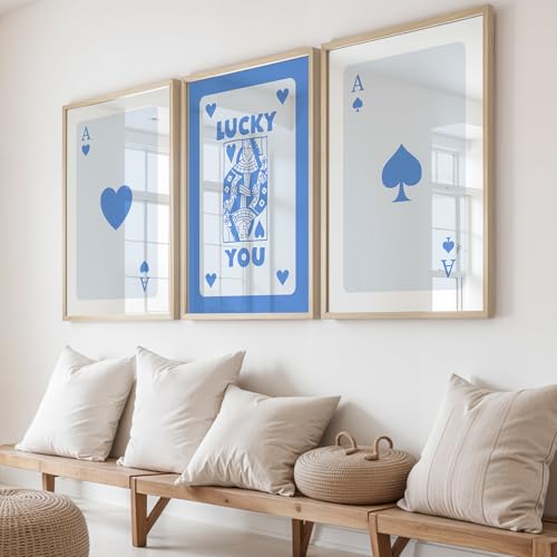 Image of NoWorries Modern Blue Playing Cards Wall Framed Painting Set | Lucky Card Art and Ace of Hearts Prints | Premium 300 GSM Paper Print with Synthetic Wooden Frame | Aesthetic Wall Decor for Hotel, Cafe, Bar, Living Room & Bedroom (Pattern-illustration) (Set of 3) (NATURAL, ART-6, 10X13INCHES)