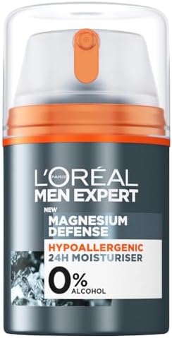 L'Oreal Paris L'Oréal Men Expert Sensitive Skin Moisturiser, Magnesium Defence, Hypoallergenic 24H Daily Men's Moisturiser, With Magnesium Mineral And Hyaluronic Acid, 50ml