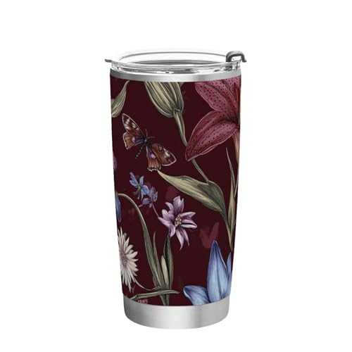 siphylline Fiori Lily Delphinium Borgogna tazze in acciaio inossidabile per gli uomini Resistente alle perdite Tazza da caffè Flip con coperchio per bevande calde e fredde bicchiere sicuro 590 ml