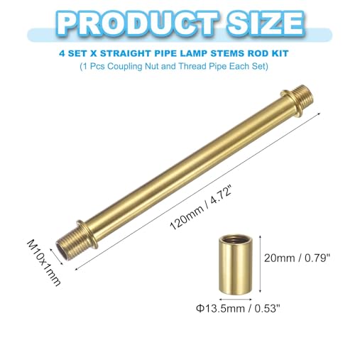 Image of PATIKIL Straight Pipe Lamp Stems Rod Kit, 2 Set M10 Carbon Steel 120mm(4.72 inch) Long Double End Thread Rod with Coupling Nuts Sleeve Connector for Table Lamps Chandeliers,Copper