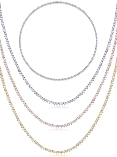 Moissanite Tennis Necklace for Women & Men - 3mm Round Sterling Silver Tennis Necklace - 18K White Rose Gold Plated Tennis Cuban Link Chain - Mens Womens Diamond Necklace Hip Hop Jewelry Gift
