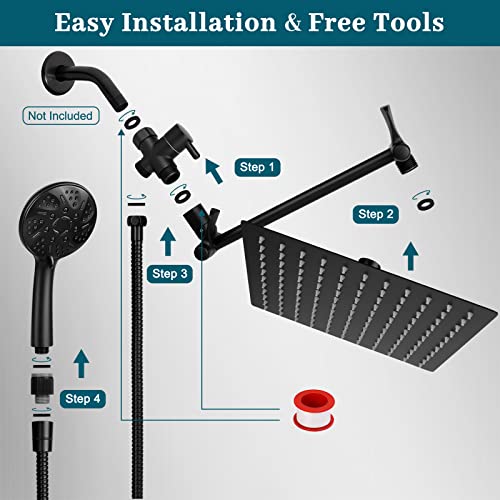 Rain Shower Head With Handheld Spray, Lanhado 10'' Matte Black Shower Head With 11'' Extension Arm, 9 Setting Handheld Shower Heads, Anti-Leak High Pressure Rainfall Shower Head With Hose, Chrome #TOP7