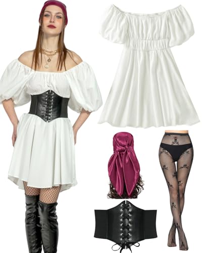 Piratenkostüm Damen Set Mittelalter Sexy Piraten Off Shoulder Festival Outfit mit Korsett, Strumpf, Kopftuch, Karneval Full Faschingskostüm...