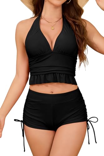 Bikini deux pièces col en V profond et taille haute froncée pour femme grande taille
